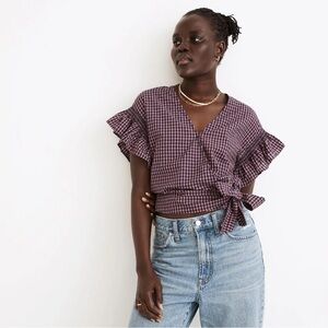 Madewell Flutter Sleeve Side-Tie Wrap Top in Plaid, Small